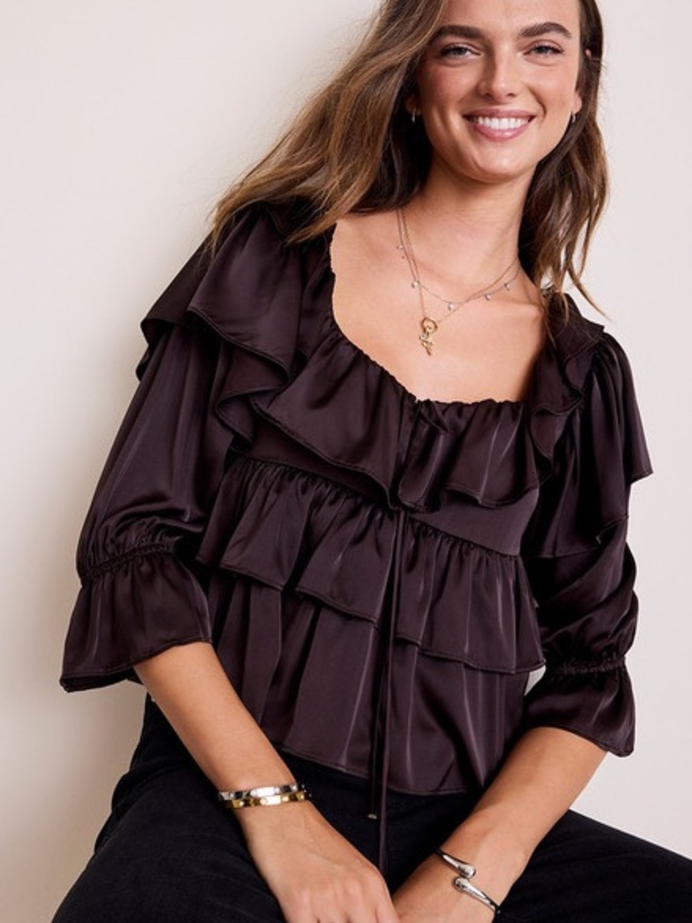 Francesca's Collections Chocolate Brown Ruffle Tier Blouse